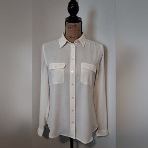 LOFT Cream Sheer Striped Button-Up Blouse